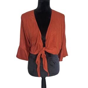 OLIVACEOUS Boho Burnt Orange Cropped Tie Front Ruffle Sleeve Blouse